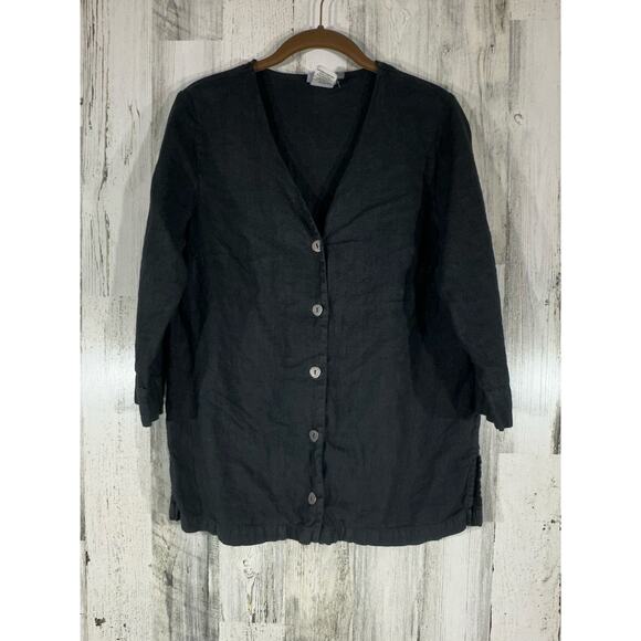 Hot Cotton Button Up Top Size Small Black 100% Linen 3/4 Sleeve V Neck - Picture 3 of 9